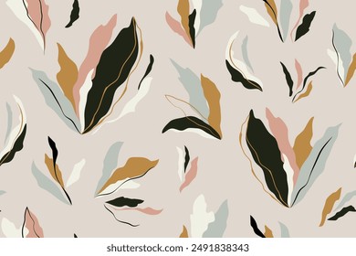 Creative botanical leaves hand drawn abstract seamless pattern. Contemporary collage art background. Natural pastel colors. Trendy design for textile, wallpaper, template, cover.