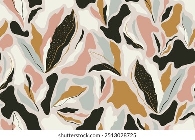 Creative botanical leaves hand drawn. Abstract spotted seamless pattern. Contemporary collage art. Natural pastel colors. Fashionable design for textile, wallpaper, template, cover.