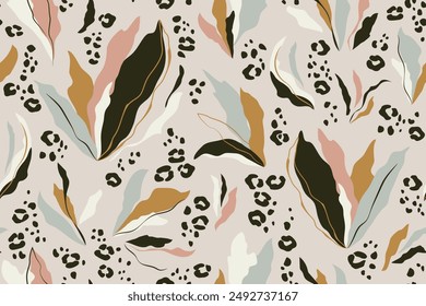 Creativo botánico hojas leopardo impresión dibujado a mano abstracto patrón sin fisuras. Fondo de arte de collage contemporáneo. Colores pastel naturales. Diseño de moda para textil, Fondo de pantalla, Plantilla, cubierta.