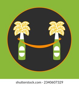 creative bottle Glass beer with piece of lemon like tropical exotic palm tree leaves with hammock vector flat design isolated, idea., concept, summer, time, background., enjoy, life, relax., drink, tr