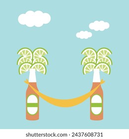 creative bottle Glass beer with piece of lemon like tropical exotic palm tree leaves with hammock vector flat design isolated, idea., concept, summer, time, background., enjoy, life, relax., drink, tr