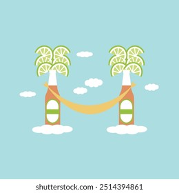 creative bottle Glass beer with piece of lemon like tropical exotic palm tree leaves with hammock vector flat design isolated, idea., concept, summer, time, background., enjoy, life, relax., drink, tr