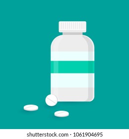 Creative Bottle Vector Illustration. Bottle with Pills. Pill Medicine Bottle. Plastic Medical Capsules container. Pharmacy Tablet Bottle. 