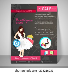 Plantilla creativa de Tienda Boutique, diseño de pancartas o volantes con la ilustración de una joven niña moderna.