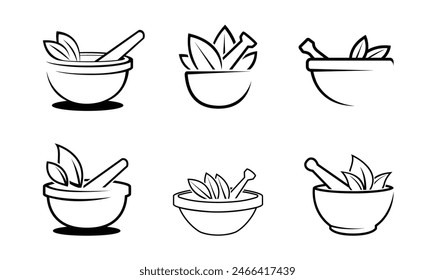 Creative bowl leaves therapy ayurveda pharma collection logo vector symbol design illustration	
