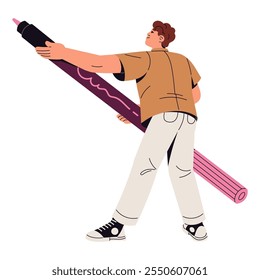 Creative boy carrying colored liner. Happy young man with huge marker for writing, drawing. Tiny people hold big stationery in hands. Education concept. Flat isolated vector illustration on white