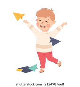 Creative Boy Folding Paper Making Plane as Handcrafted Item Vector Illustration