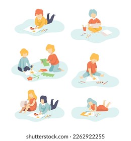 Creative Boy and Girl Making Applique and Drawing on Paper with Pencils Vector Set