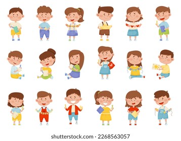 Creative Boy and Girl Making Paper Applique as Handcrafted Item Big Vector Set