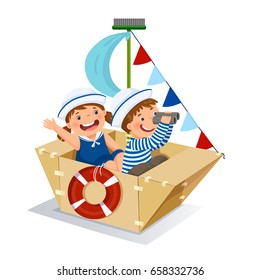 Creative boy and girl playing sailor with cardboard ship