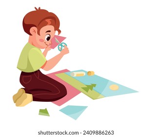 Creative Boy on the Floor Making Paper Applique Engaged in Workshop Activity Vector Illustration