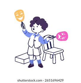 Criativo é um ator de teatro dramático. Pequeno ator bonito se apresenta no palco. Feliz artista de criança talentosa desempenha papel segurando máscaras. Ilustração de vetor de contorno isolado plano sobre fundo branco
