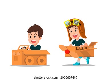 a creative boy playing with cardboard