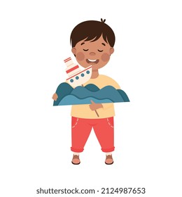 Creative Boy Showing Paper Glued Ship and Sea Wave as Handcrafted Item Vector Illustration