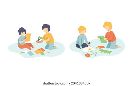 Creative Boy Sitting on the Floor and Making Applique Cutting Shapes from Paper Vector Set