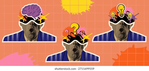 Design criativo da arte do cérebro com texturas de meio-tom e elementos abstratos mostrando inteligência mental, conceitos psicológicos e desenvolvimento de ideias inovadoras no estilo moderno de colagem cerebral.