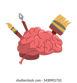 Creative brain with art tools cartoons vector illustration graphic design
