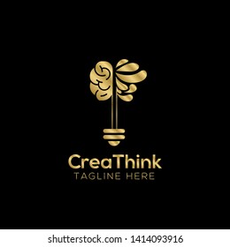creative brain with bulb concept vector illustration isolated on black background, Gold Symbol idea design template, Suitable for banner, Book Illustration, and Web Landing Page Concept