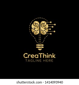 creative brain with bulb concept vector illustration isolated on black background, Gold Symbol idea design template, Suitable for banner, Book Illustration, and Web Landing Page Concept