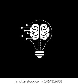 creative brain with bulb concept vector illustration isolated on black background, White Symbol idea design template, Suitable for banner, Book Illustration, and Web Landing Page Concept