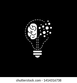 creative brain with bulb concept vector illustration isolated on black background, White Symbol idea design template, Suitable for banner, Book Illustration, and Web Landing Page Concept