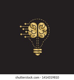 creative brain with bulb concept vector illustration isolated on black background, Gold Symbol idea design template, Suitable for banner, Book Illustration, and Web Landing Page Concept