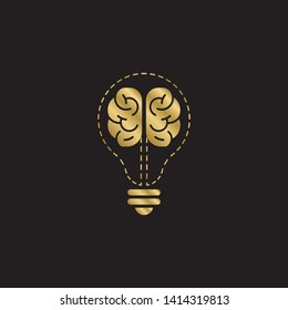 creative brain with bulb concept vector illustration isolated on black background, Gold Symbol idea design template, Suitable for banner, Book Illustration, and Web Landing Page Concept