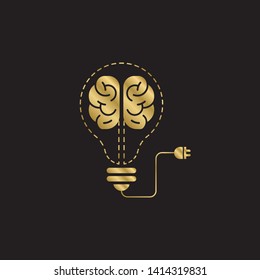 creative brain with bulb concept vector illustration isolated on black background, Gold Symbol idea design template, Suitable for banner, Book Illustration, and Web Landing Page Concept