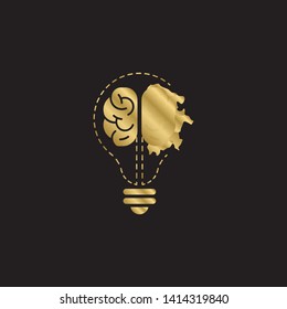 creative brain with bulb concept vector illustration isolated on black background, Gold Symbol idea design template, Suitable for banner, Book Illustration, and Web Landing Page Concept