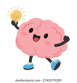 creative brain character raising glowing lamp with joyful expression symbolizing inspiration success and smart achievement