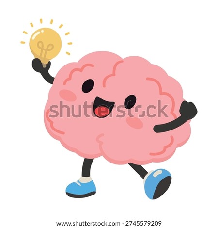creative brain character raising glowing lamp with joyful expression symbolizing inspiration success and smart achievement