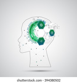 Creative brain concept background with triangular grid. Artificial Intelligence concept. Vector science illustration