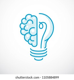 Creative brain concept, intelligent creation vector logo. Light bulb with half of human anatomical brain. Bright mind, thinking and brainstorming idea icon.