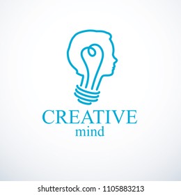 Creative brain concept, intelligent person vector logo. Light bulb in a shape of child head profile. Bright mind, thinking and brainstorming idea icon.