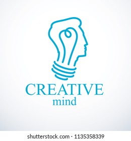 Creative brain concept, intelligent person vector logo. Light bulb in a shape of man head profile. Bright mind, thinking and brainstorming idea icon.