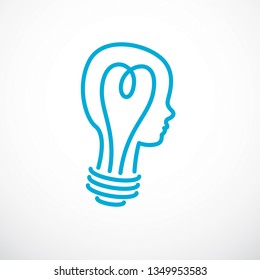 Creative brain concept, intelligent person vector logo. Light bulb in a shape of child head profile. Bright mind, thinking and brainstorming idea icon.