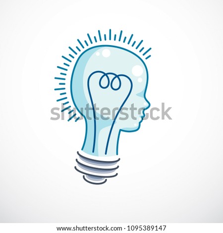 Creative brain concept, intelligent person vector logo. Light bulb in a shape of child head profile. Bright mind, thinking and brainstorming idea icon.