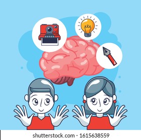 creative brain with couple and accessories vector illustration design