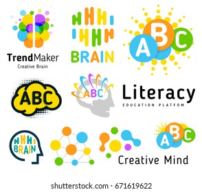 Creative brain. Genius school. Human development. Skill up. Linear vector logo set.