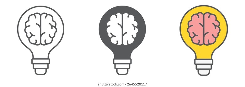 Coleção de ícones cerebrais criativos, ideia e lâmpada, pensamento criativo sinal vetor definir gráficos, traço editável ícone linear, eps 10