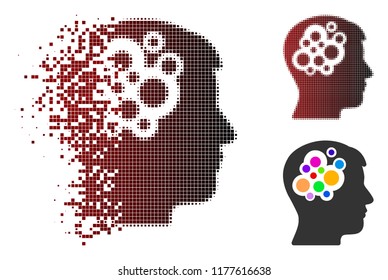 Creative brain icon in fractured, pixelated halftone and undamaged entire variants. Pixels are organized into vector dispersed creative brain icon.