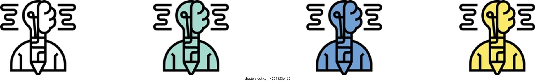 Kreatives Gehirn-Symbol. Kontur, Design im grünen, blauen und gelben Stil einzeln auf weißem Hintergrund