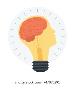 
Creative brain idea and light bulb vector flat design. Open Mind - Creative Brain
