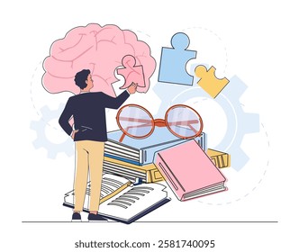 Creative brain with idea. Man with puzzles near light bulb and stack of books. Young guy looking for solution to problem. Brainstorming and inspiration. Linear vector illustration