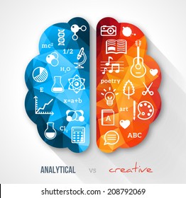 Creative brain Idea. Vector concept.  Sciences and arts. Back to school icons. Left and right functions.