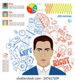Creative brain Idea. Vector concept. Textured background. Sciences and arts. Back to school icons. Left and right brain functions.