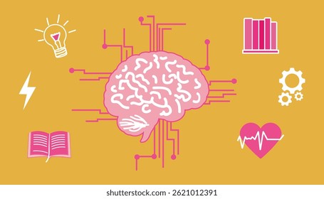 Creative brain with innovation and health symbols on yellow background – abstract concept of learning, thinking, and analytics.