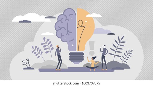 Creative brain with innovative knowledge thinking scene tiny persons concept. Brainstorming process with imagination and genius approach to business vector illustration. Smart symbol as light bulb.