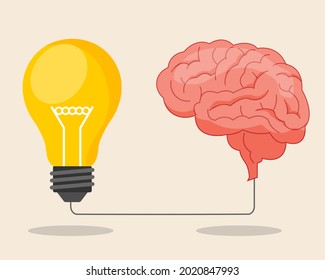 Creative brain and light bulb connection. idea thinking concept. brainstorm business and education concept. vector illustration in flat style modern design.