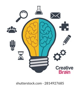 A creative brain light bulb with icons representing ideas and innovation on a white background for business and education concepts